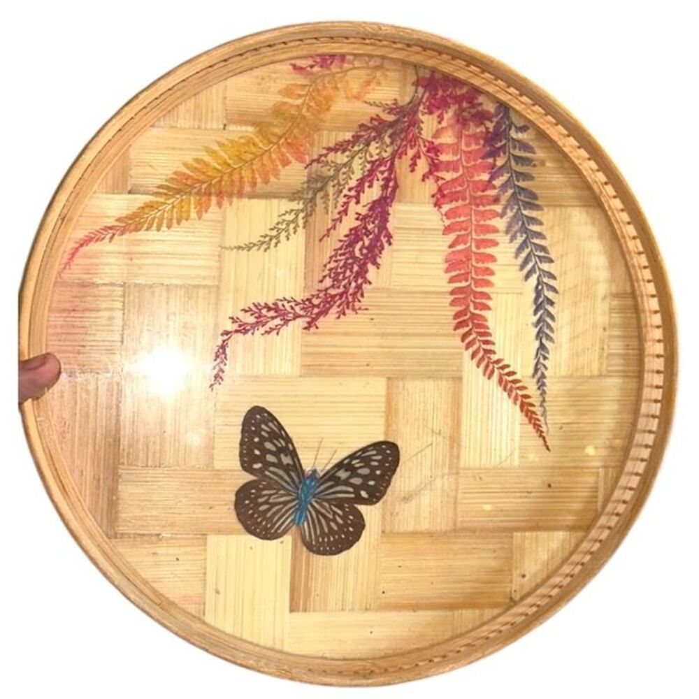 Vintage Round Bamboo Tray w/ Butterfly & Colorful Leaf Inserts